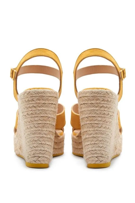 Sosandar Yellow Havana Suede Espadrille Wedges Women Sandals and Flip Flops