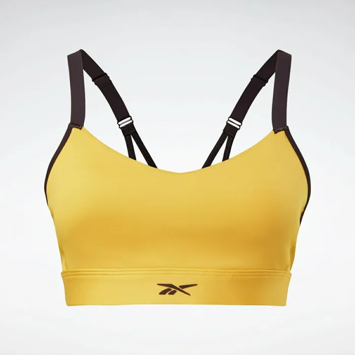 Sports Bras Womens Reebok Lux Strappy MediumImpact Sports Bra Semi Solar Gold