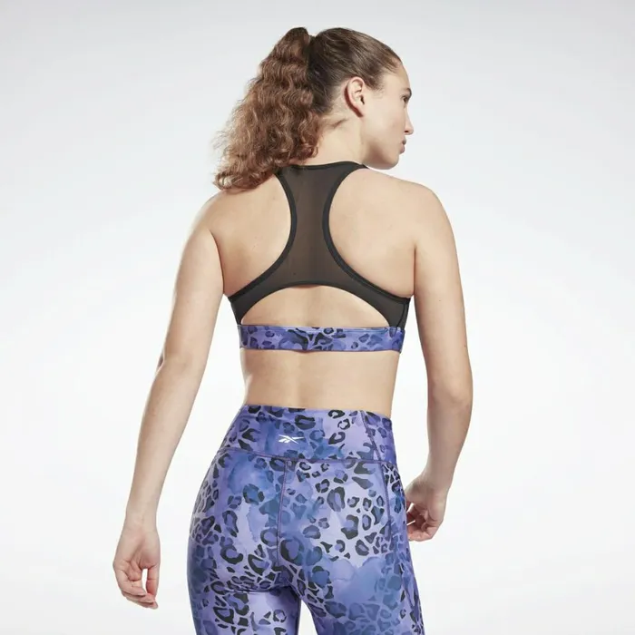 Sports Bras Womens Reebok Modern Safari Lux Racer Padded MediumImpact Sports Bra Vector Navy Hyper Purple