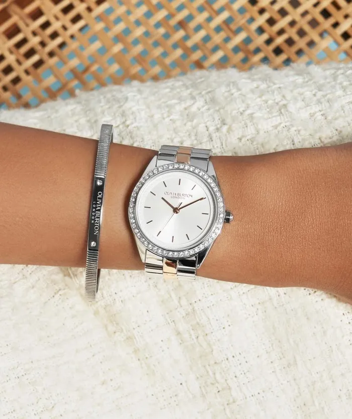 Sports Luxe Watches Women Olivia Burton 34mm Bejewelled Silver and Two Tone Bracelet Watch
