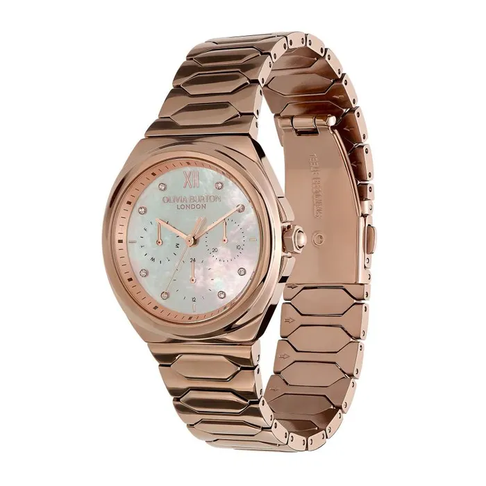 Sports Luxe Watches Women Olivia Burton 36mm Lustre MultiFunction White and Rose Gold Bracelet Watch
