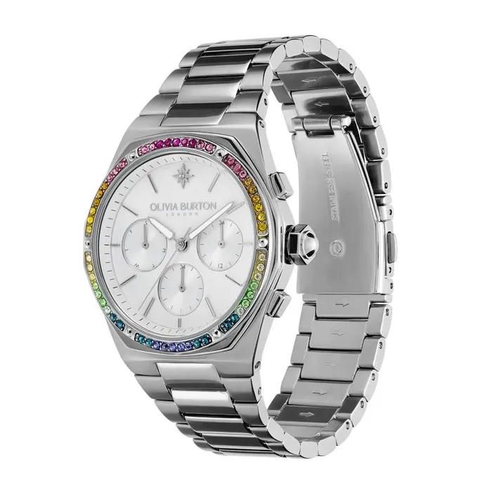 Sports Luxe Watches Women Olivia Burton 38mm Hexa MultiFunction Rainbow and Silver Bracelet Watch