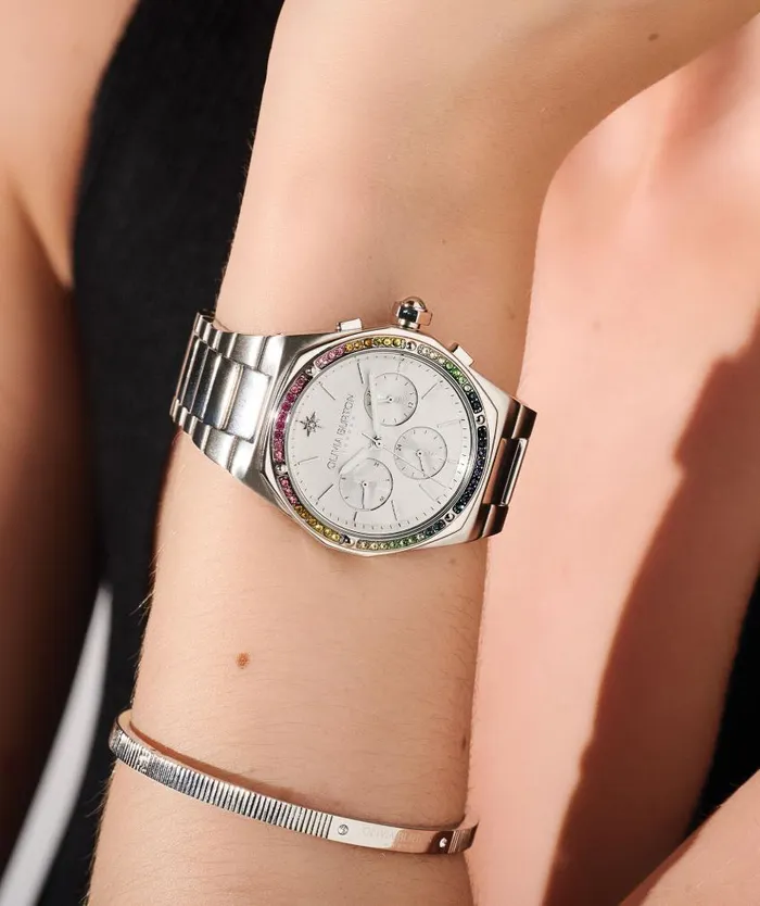 Sports Luxe Watches Women Olivia Burton 38mm Hexa MultiFunction Rainbow and Silver Bracelet Watch