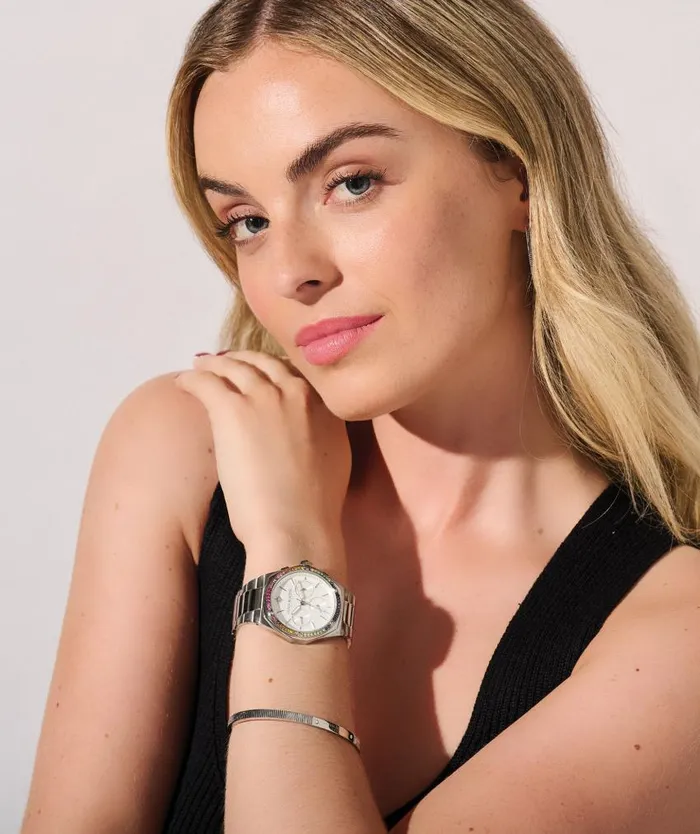 Sports Luxe Watches Women Olivia Burton 38mm Hexa MultiFunction Rainbow and Silver Bracelet Watch