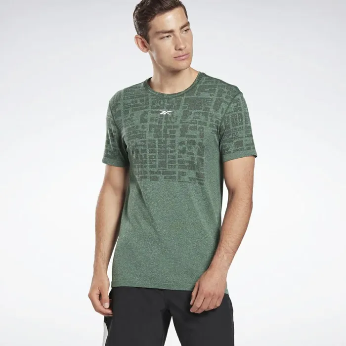 TShirts and Graphic Tees Mens Reebok LES MILLS Myoknit Seamless Tee Utility Green Black TShirts and Graphic Tees Mens Reebok LES MILLS Myoknit Seamless Tee Utility Green Black