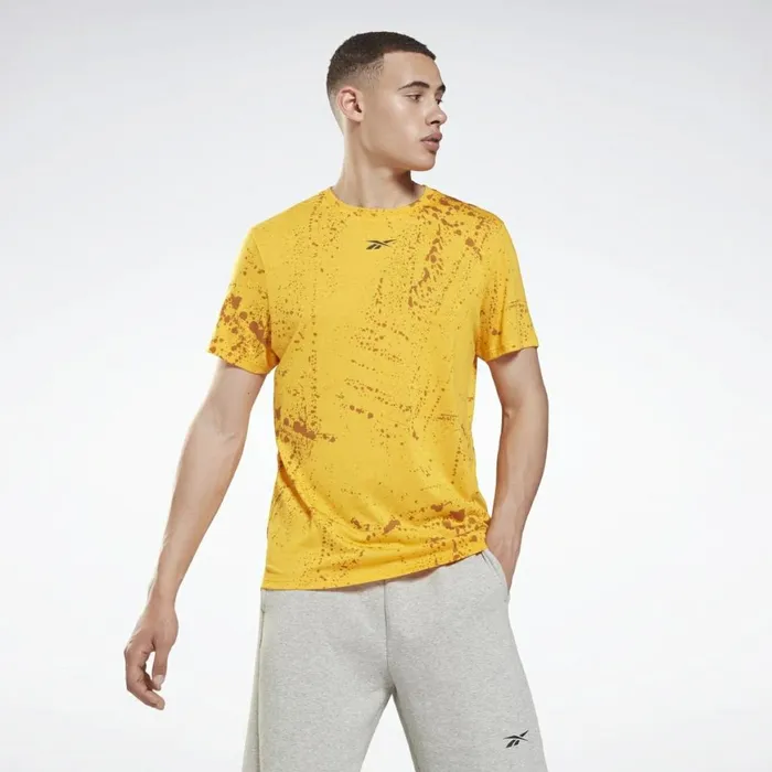 TShirts and Graphic Tees Mens Reebok Workout Ready Allover Print TShirt Semi Solar Gold TShirts and Graphic Tees Mens Reebok Workout Ready Allover Print TShirt Semi Solar Gold