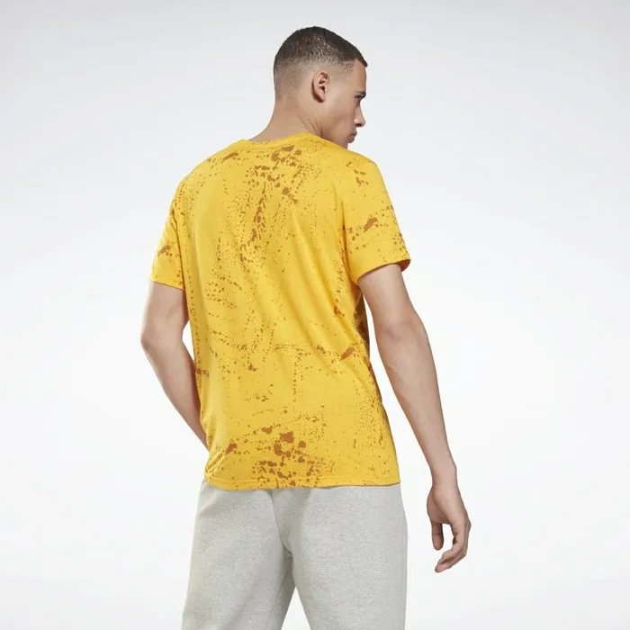 TShirts and Graphic Tees Mens Reebok Workout Ready Allover Print TShirt Semi Solar Gold