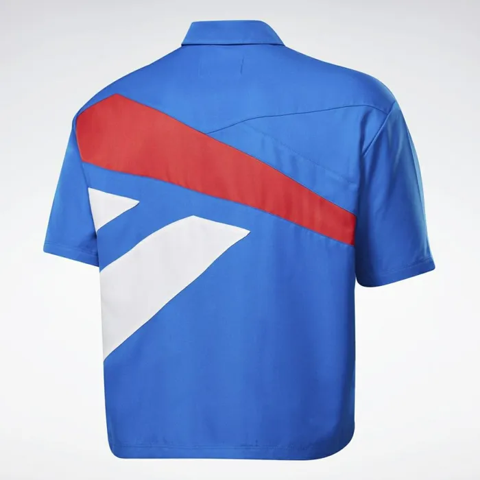 TShirts and Graphic Tees MensWomens Reebok By Pyer Moss Short Sleeve Cropped ButtonDown Shirt Vital Blue