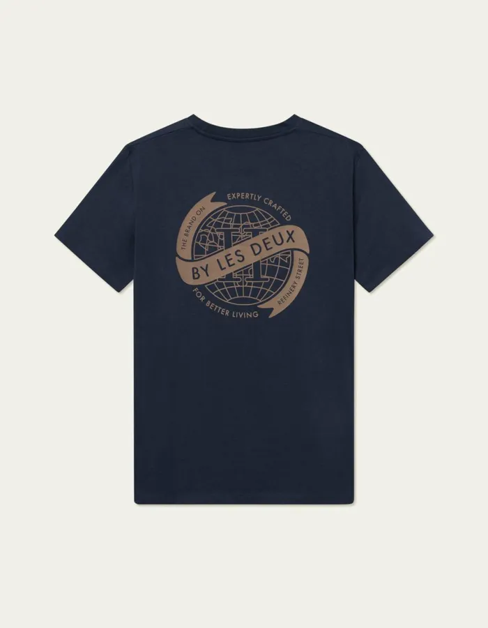 Tshirts Men Les Deux Globe TShirt 8211 Dark NavyTobacco Brown