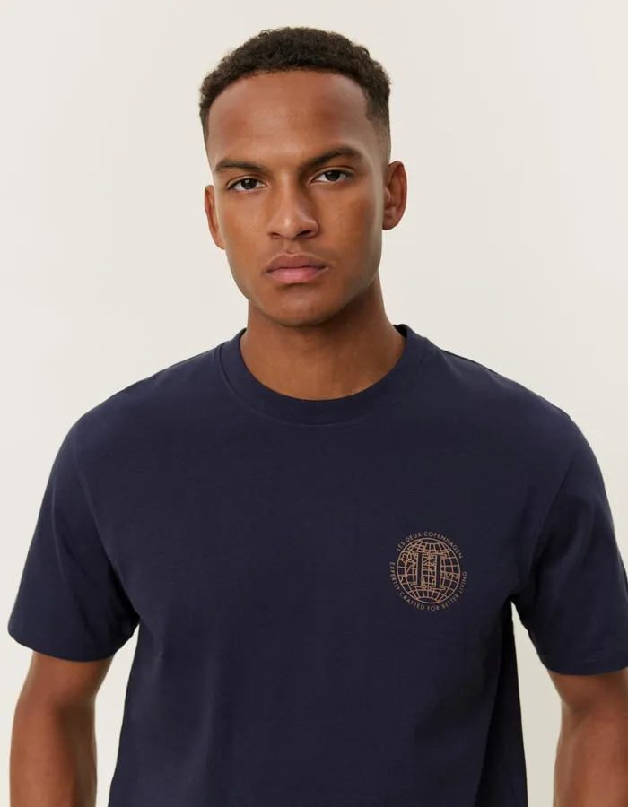 Tshirts Men Les Deux Globe TShirt 8211 Dark NavyTobacco Brown