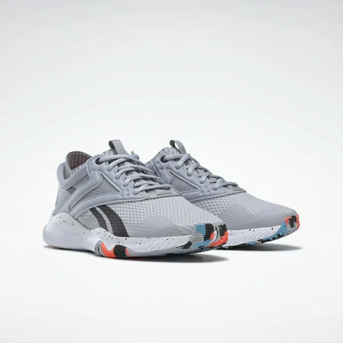 Training Shoes Womens Reebok HIIT Shoes Cold Grey 2 Orange Flare Radiant Aqua
