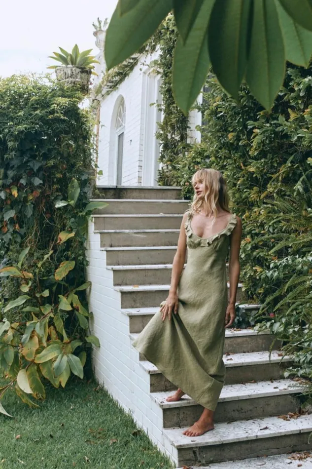 VRG GRL MidiMaxi Dresses Rosalia Linen Bias Cut Maxi Dress Olive 8211 Women