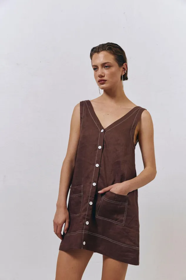 VRG GRL Mini Dresses Alice Linen Mini Dress Brown 8211 Women VRG GRL Mini Dresses Alice Linen Mini Dress Brown 8211 Women