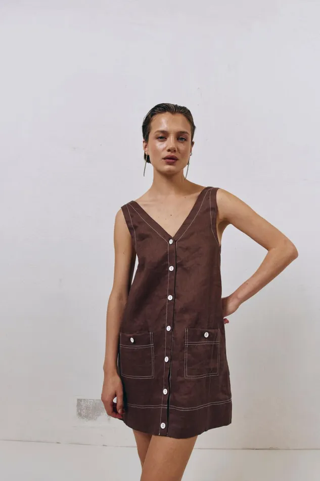 VRG GRL Mini Dresses Alice Linen Mini Dress Brown 8211 Women VRG GRL Mini Dresses Alice Linen Mini Dress Brown 8211 Women