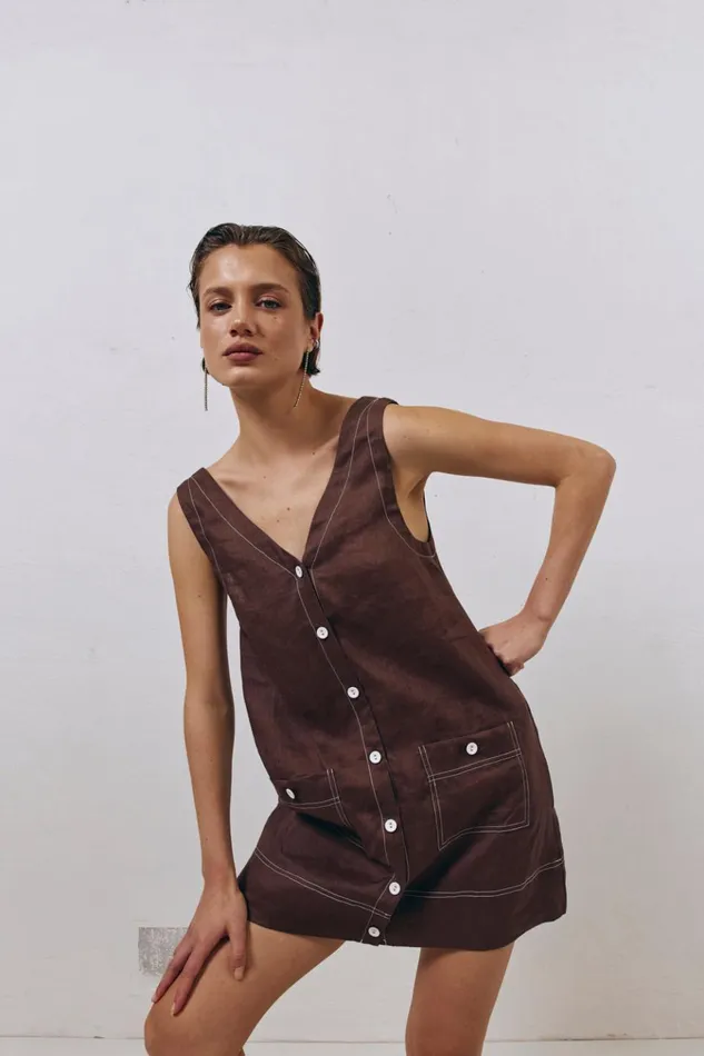 VRG GRL Mini Dresses Alice Linen Mini Dress Brown 8211 Women VRG GRL Mini Dresses Alice Linen Mini Dress Brown 8211 Women