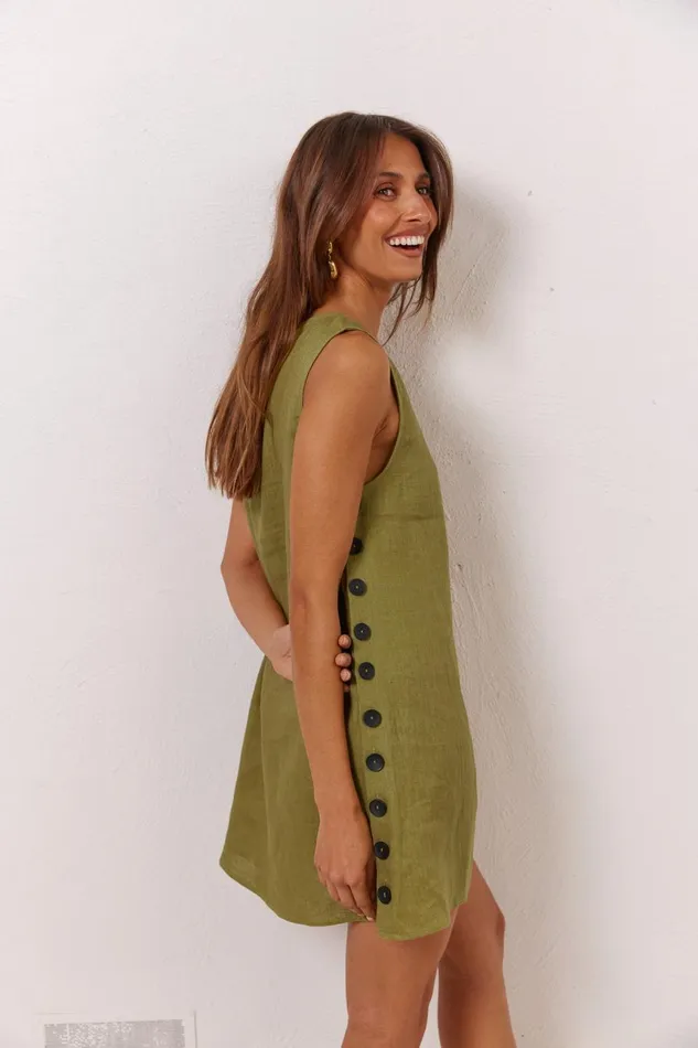 VRG GRL Mini Dresses Annabelle Linen Mini Dress Olive 8211 Women VRG GRL Mini Dresses Annabelle Linen Mini Dress Olive 8211 Women