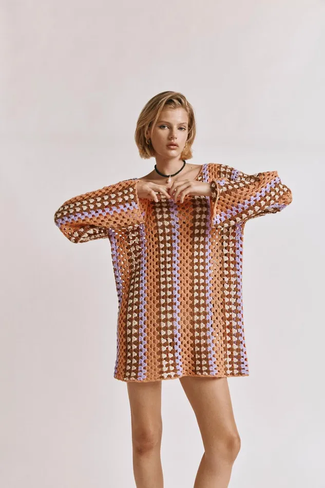 VRG GRL Mini Dresses Myra Crochet Mini Dress Apricot 8211 Women