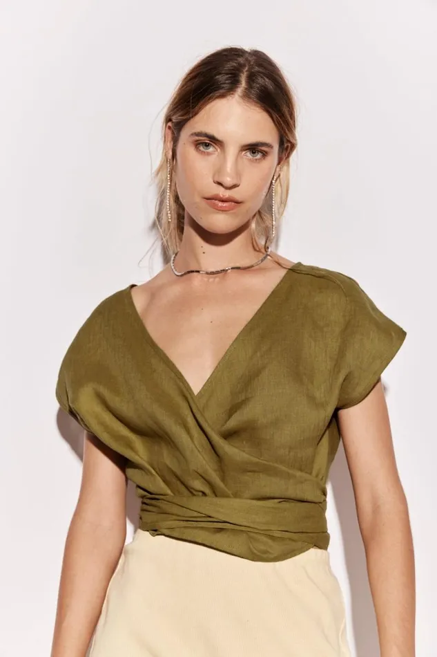 VRG GRL Short Sleeve Sea Glass Linen Wrap Top Olive 8211 Women
