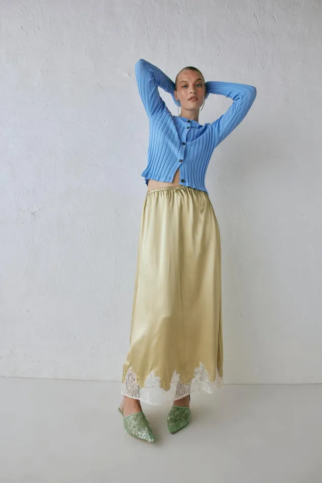 VRG GRL Skirts Aisla Satin Midi Skirt Sage 8211 Women VRG GRL Skirts Aisla Satin Midi Skirt Sage 8211 Women