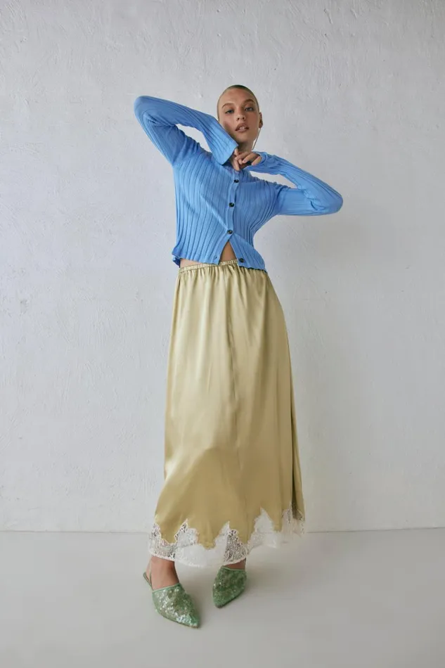 VRG GRL Skirts Aisla Satin Midi Skirt Sage 8211 Women VRG GRL Skirts Aisla Satin Midi Skirt Sage 8211 Women