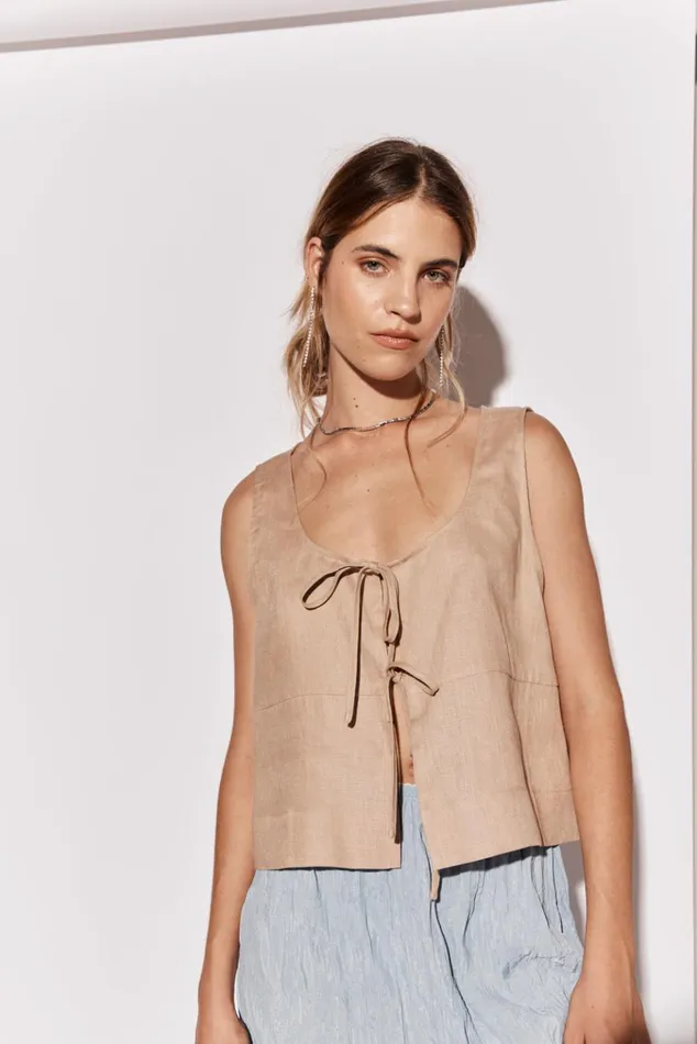VRG GRL Sleeveless Nessa Linen Smock Top Beige 8211 Women