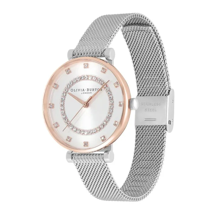 White Dial Watches Women Olivia Burton 32mm Tbar White and Two Tone Mesh Watch
