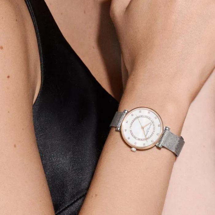 White Dial Watches Women Olivia Burton 32mm Tbar White and Two Tone Mesh Watch