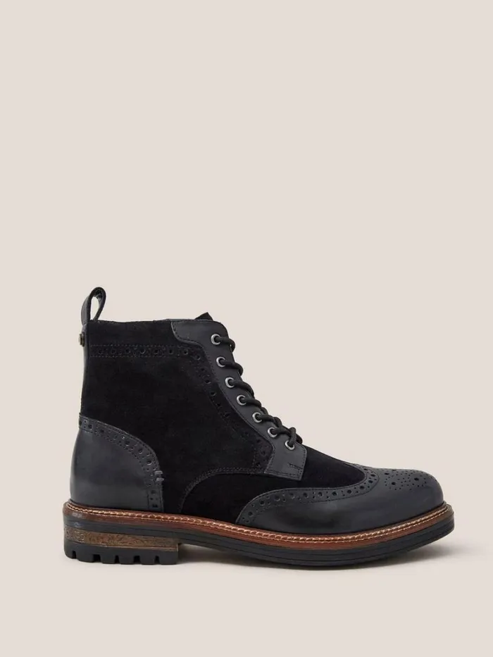 White Stuff BOOTS Brogue Leather Lace Up Boot Pure Black 8211 Men