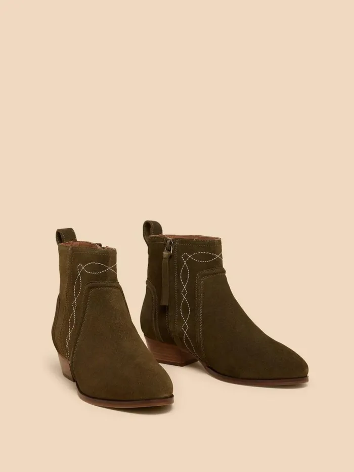 White Stuff BOOTS Cedar Suede Embroidered Boot Khaki Green 8211 Women