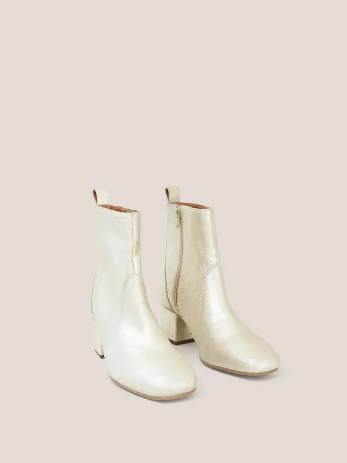 White Stuff BOOTS Cilla Leather Mid Heel Boot Gold Tone Metallic 8211 Women