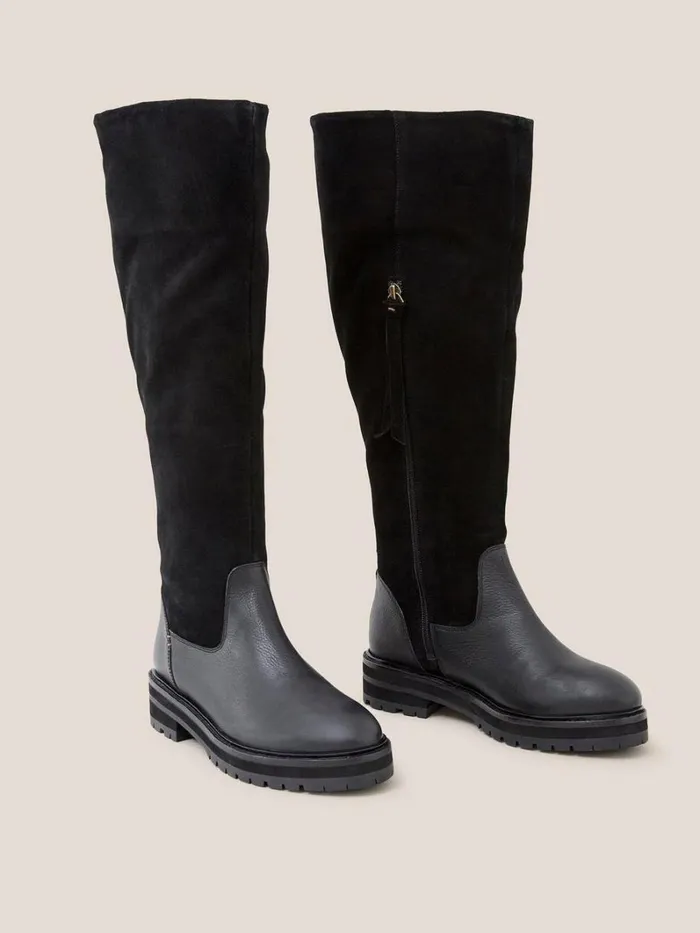 White Stuff BOOTS Enya Leather Fur Knee Boot Pure Black 8211 Women