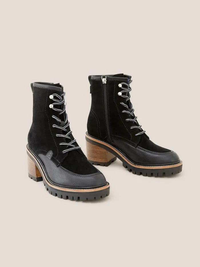 White Stuff BOOTS Mid Heel Suede Lace Up Boot Pure Black 8211 Women