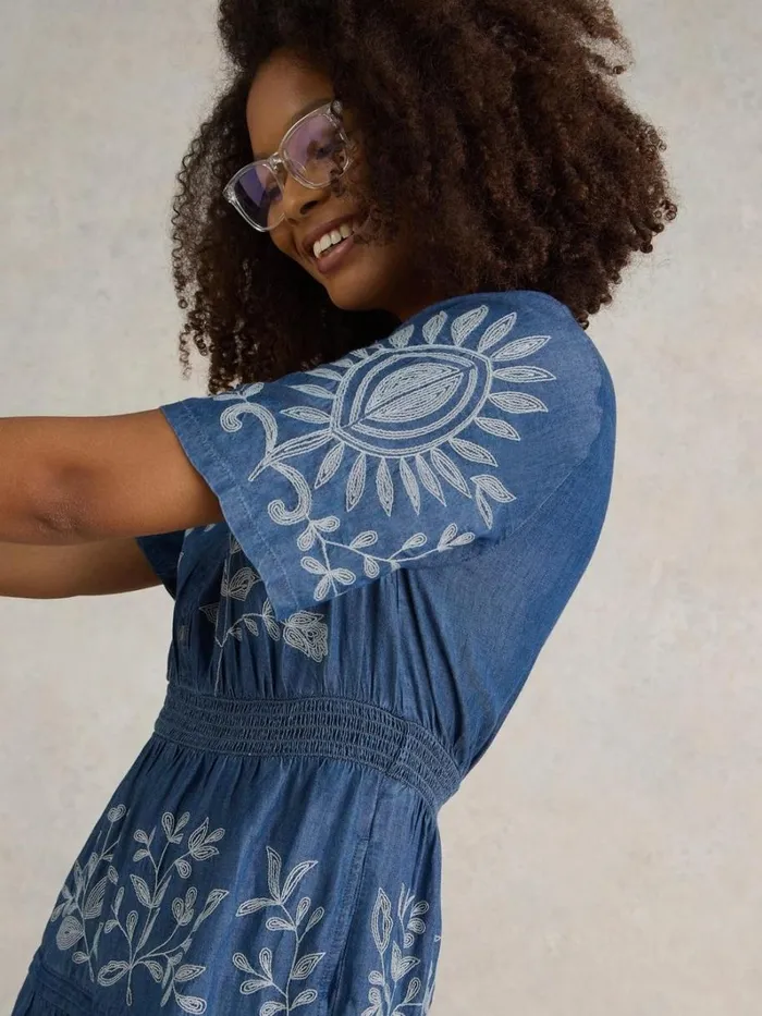 White Stuff DRESSES Isla Embroidered Denim Dress Light Denim 8211 Women