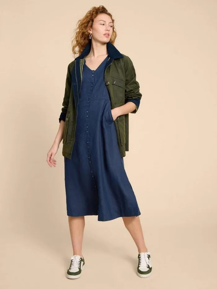 White Stuff DRESSES Ivy Linen V Neck Midi Dress Dark Navy 8211 Women