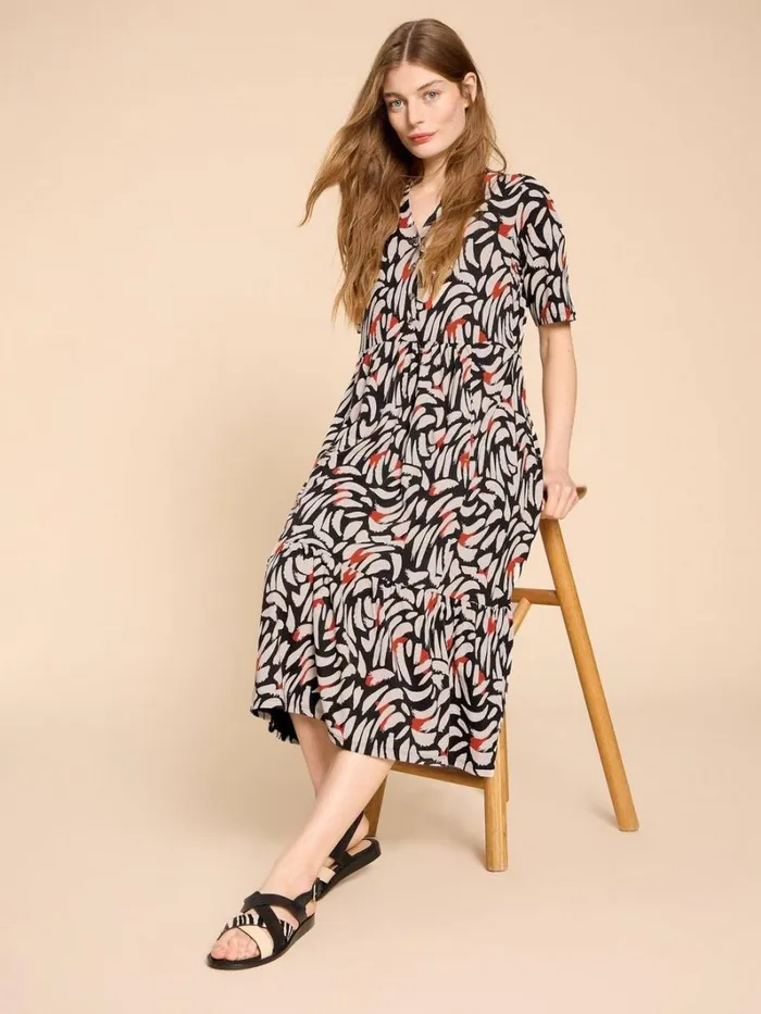 White Stuff DRESSES Naya Jersey Printed Tiered Dress Black Multi 8211 Women