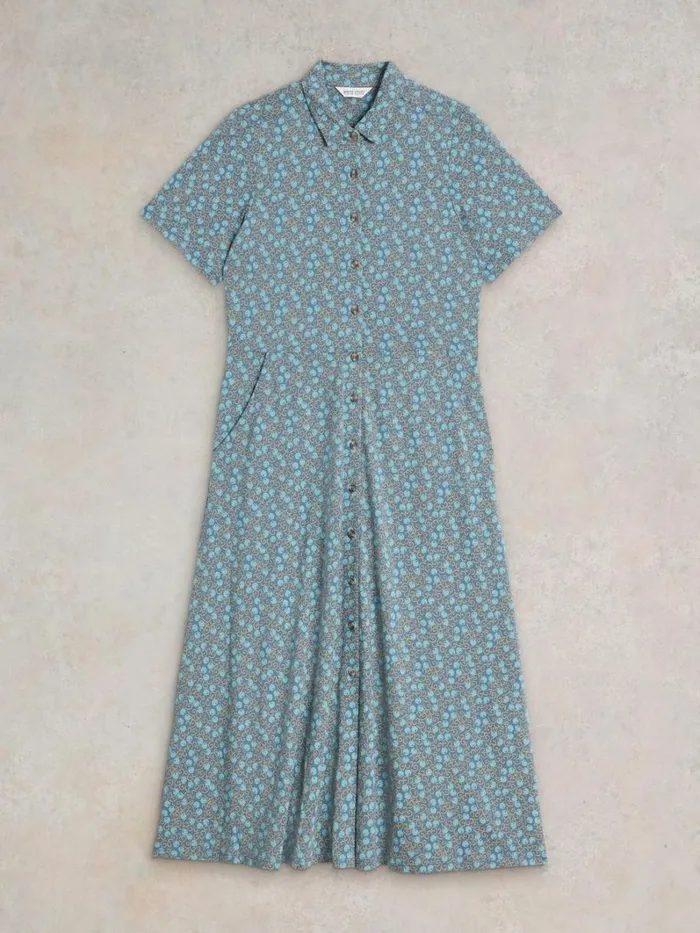 White Stuff DRESSES Rua Jersey Shirt Midi Dress Teal Print 8211 Women White Stuff DRESSES Rua Jersey Shirt Midi Dress Teal Print 8211 Women