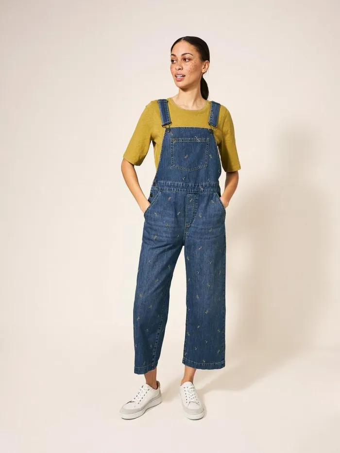 White Stuff JEANS Embroidered Crop Dungaree Mid Denim 8211 Women