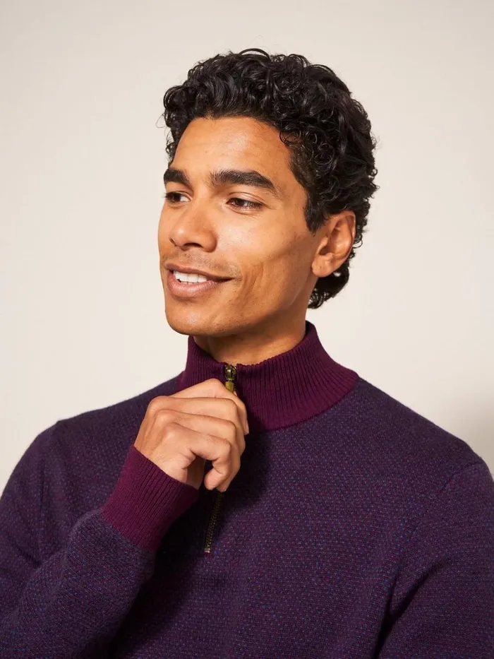 White Stuff KNITWEAR Newport Merino Jacquard Funnel Mid Plum 8211 Men
