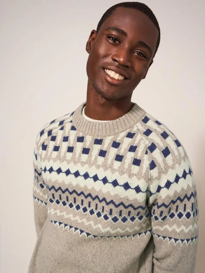 White Stuff KNITWEAR Nordic Yoke Fairisle Crew Dark Natural 8211 Men