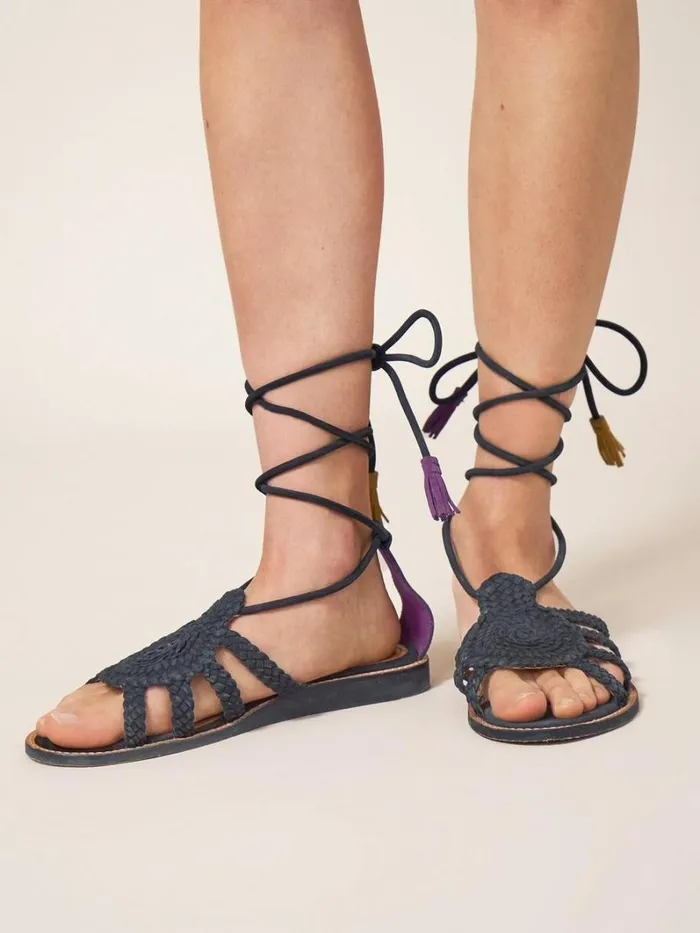 White Stuff SANDALS Plaited Leather Sandal Tie Leg Pure Black 8211 Women