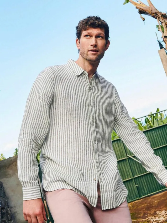 White Stuff SHIRTS Pembroke LS Stripe Linen Shirt Khaki Green 8211 Men White Stuff SHIRTS Pembroke LS Stripe Linen Shirt Khaki Green 8211 Men