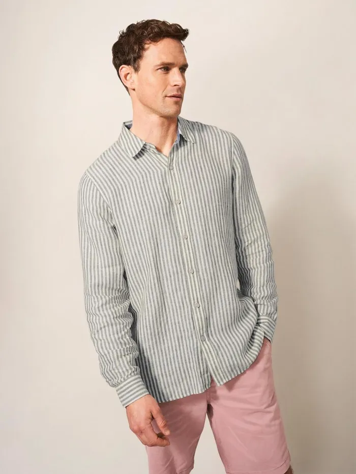 White Stuff SHIRTS Pembroke LS Stripe Linen Shirt Khaki Green 8211 Men White Stuff SHIRTS Pembroke LS Stripe Linen Shirt Khaki Green 8211 Men