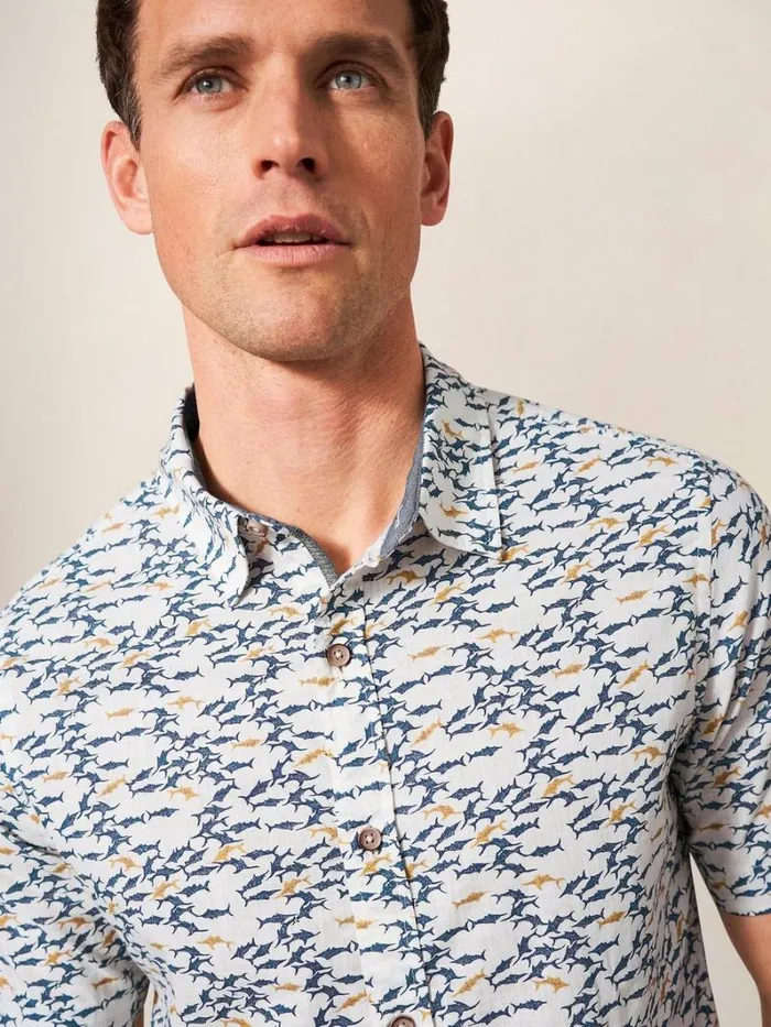 White Stuff SHIRTS Shark Printed Shirt White Multi 8211 Men