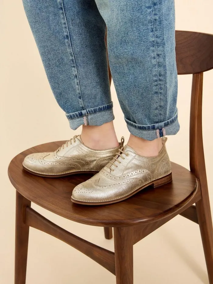 White Stuff SHOES Thistle Lace Up Leather Brogue Gold Tone Metallic 8211 Women
