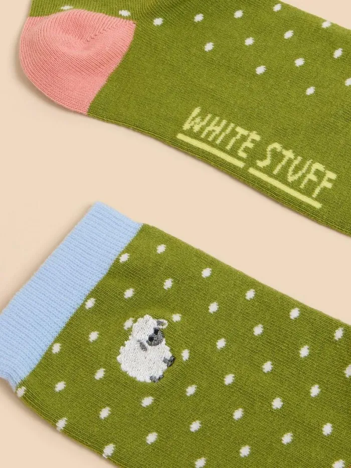 White Stuff SOCKS Embroidered Sheep Ankle Sock Green Multi 8211 Women
