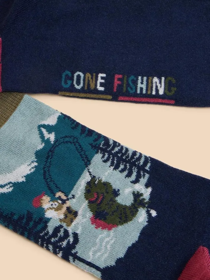 White Stuff SOCKS Fishing Scene Ankle Sock Blue Multi 8211 Men