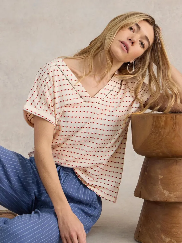 White Stuff TOPS and TEES EMBROIDERED STRIPE V NECK TEE Natural Multi 8211 Women White Stuff TOPS and TEES EMBROIDERED STRIPE V NECK TEE Natural Multi 8211 Women