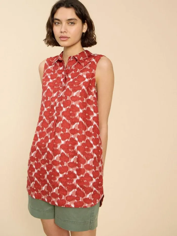 White Stuff TOPS and TEES Evelyn Sleeveless Linen Tunic Red Print 8211 Women