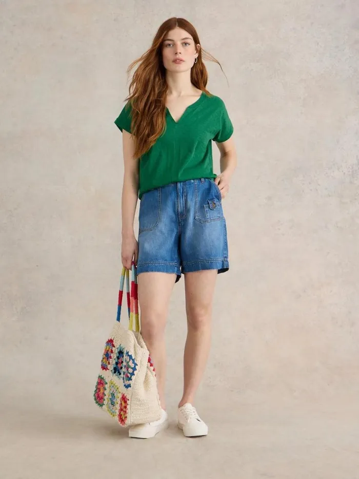 White Stuff TOPS and TEES NELLY COTTON NOTCH NECK TEE Mid Green 8211 Women