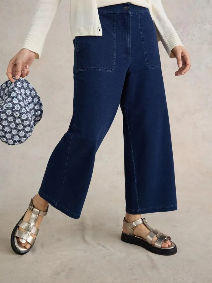 White Stuff TROUSERS Belle Jersey Wide Leg Crop Dk Denim 8211 Women